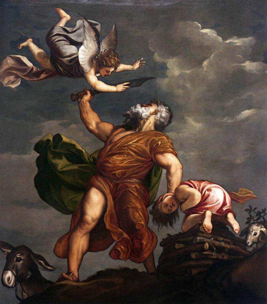 Ein Ölgemälde von Tizian mit dem Titel Isaacs Opfer zeigt einen Mann der in den. Himmel schaut, dort hält ein Engel sein erhobenes Schwert und verhindert so, dass er das vor im Knieende Kind nicht tötet.