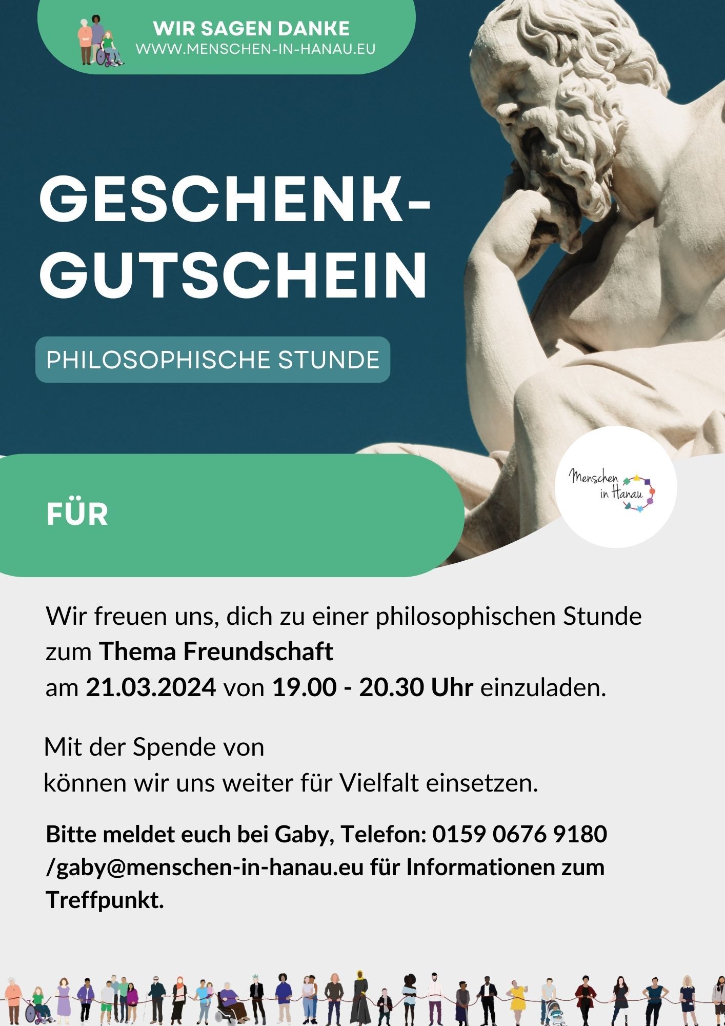 Ein Foto des Geschenk-Gutscheins für die Philosophische Stunde. Eine Marmor-Statur eines denkenden Philosophen. Weiterhin sieht man das Logo von Menschen in Hanau und den Text.