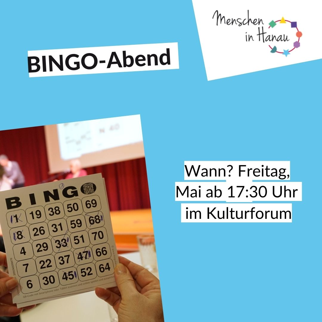 Flyer auf hellblauen Hintergrund mit einem Bild auf dem ein Bingo-Schein abgebildet ist. Wirbt für den Bingo-Abend am 31. Mai im Kulturforum