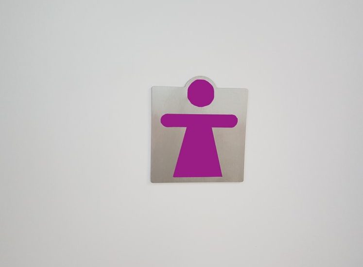 Option zum kontrastreichen Absetzen der Toiletten-Markierung: das Symbol zum Damen WC ist im Innern in lila ausgefüllt