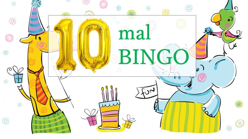 Eine der gezeigten Folien während des ABends zeigt "10 mal BINGO" und eine Geburtstagsparty im Comicstil im Hintergrund.