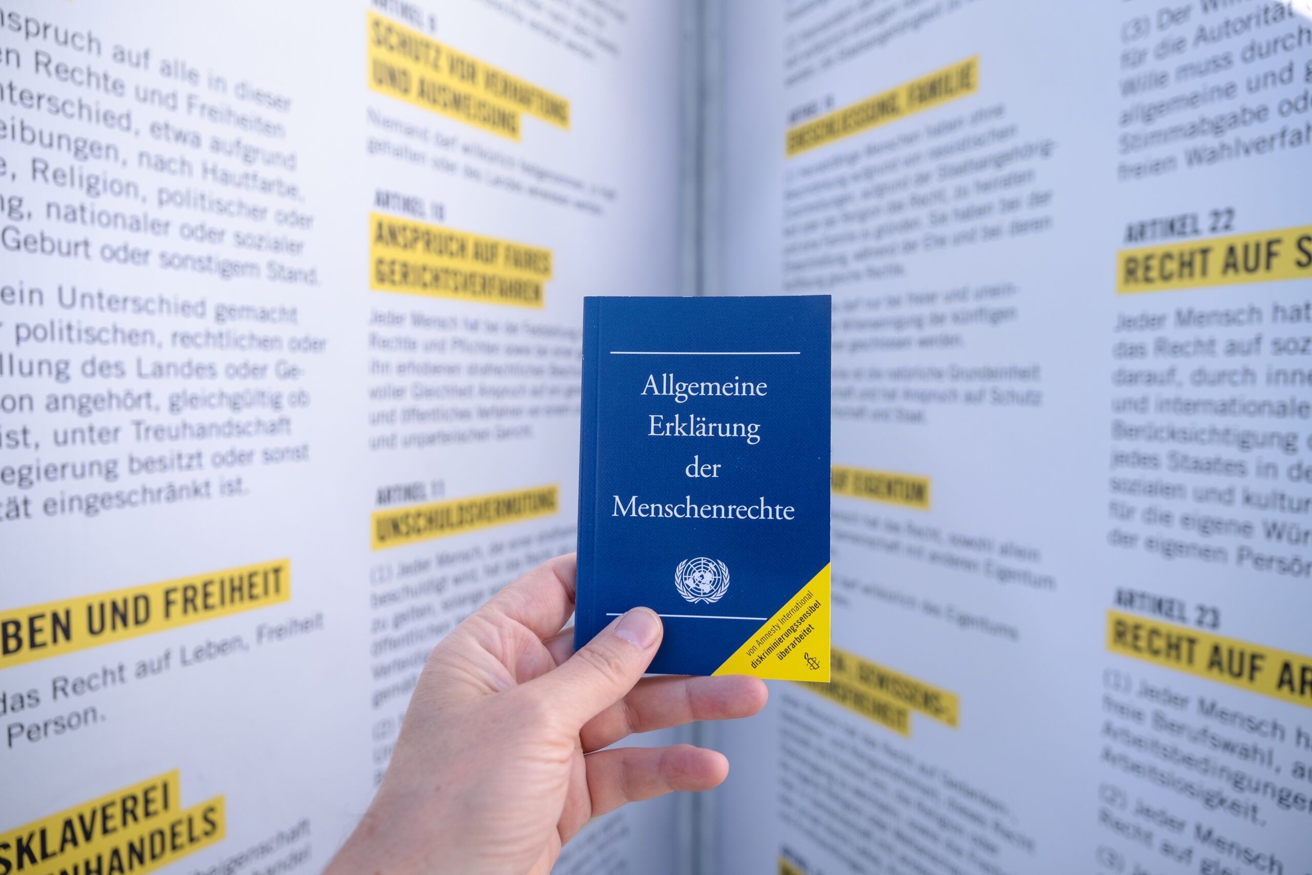 Ein blaues Büchlein wird hochgehoben auf dem "Allgemeine Erklärung der Menschenrechte" steht. Im Hintergrund sind Gesetzestexte abgebildet.