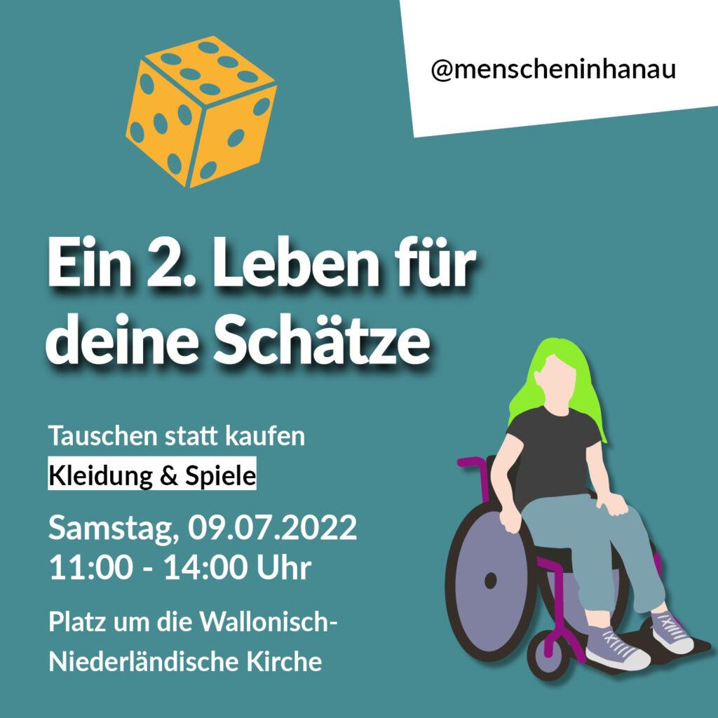 Der Flyer der Veranstaltung ist zusehen. Eine Frau im Rollstuhl mit grünen Harren und ein Spielwürfel sind abgebildet.