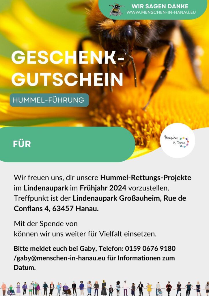 Ein Foto des Geschenk-Gutscheins zur Hummel-Führung. Eine Hummel ist abgebildet, die auf einer gelben Blume sitzt. Weiterhin ist das Logo von Menschen in Hanau und der Text mit näheren Informationen abgebildet.