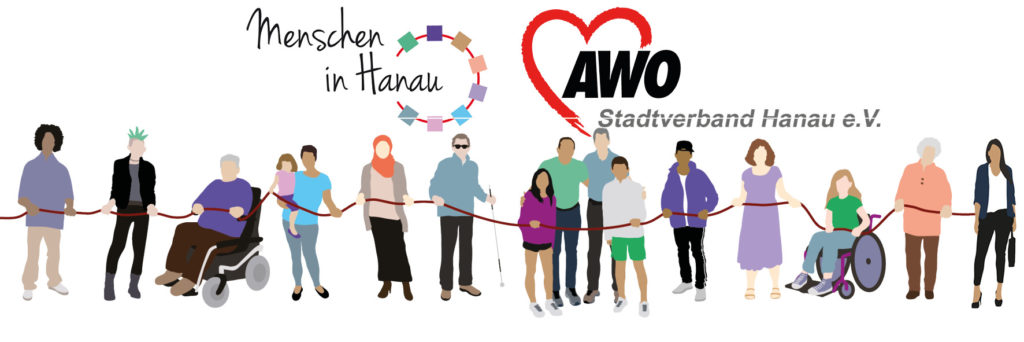 "Menschen in Hanau" und die AWO, Stadtverband Hanau e.V. gehen gemeinsame Wege. Unsere bekannte Menschenkette mit den beiden Logos von MiH und AWO.