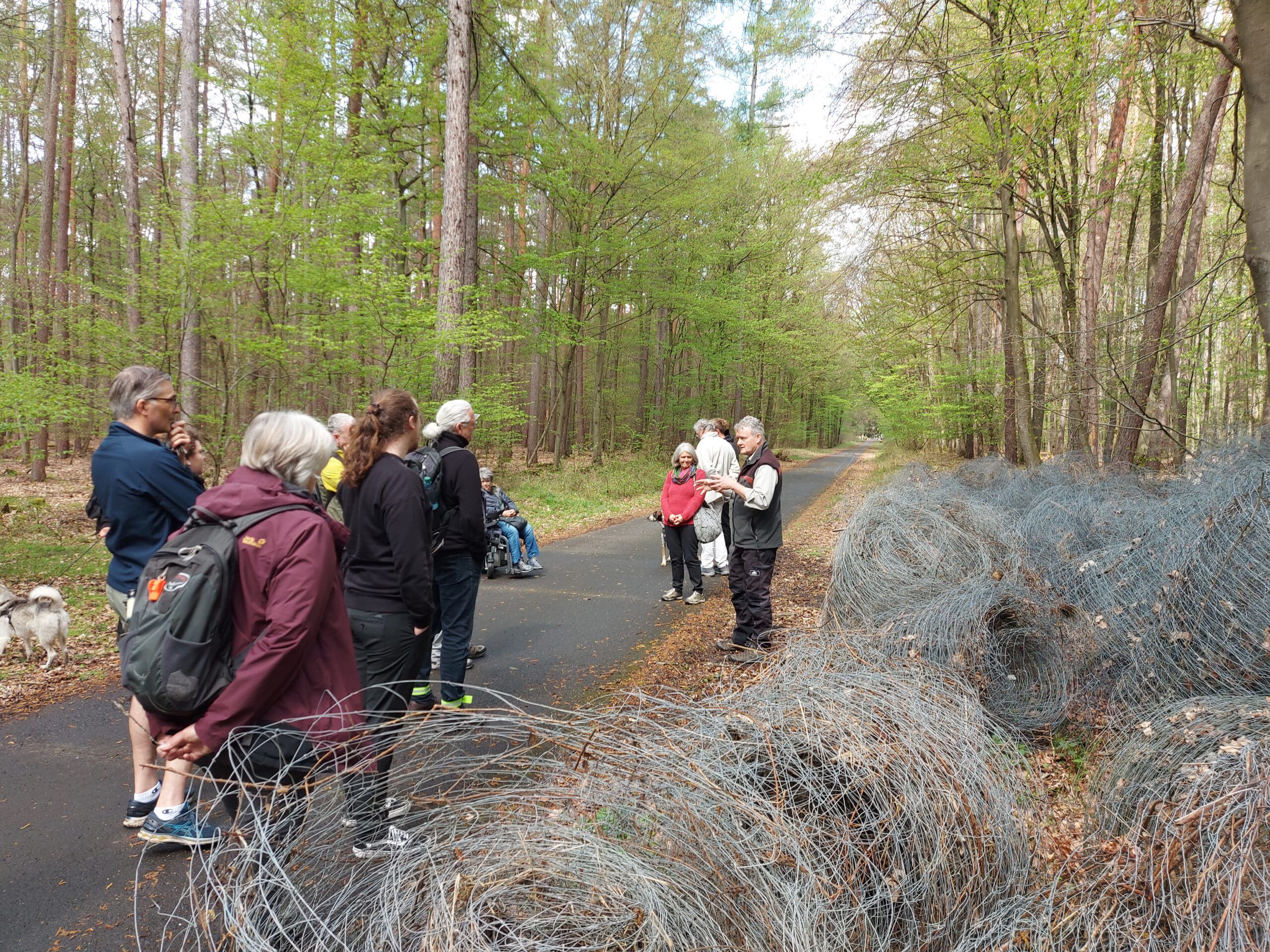 Die Gruppe hört Volker zu. Er steht vor alten Drahtballen, die am Waldrand liegen.