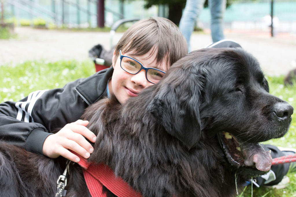 Das Bild zeigt einen jungen, der sich an einen großen Hund ankuschelt.