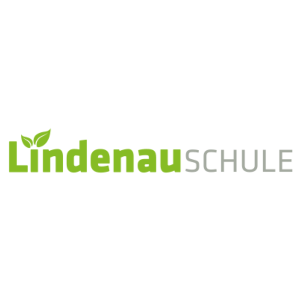 Logo der Lindenauschule. Das Worten Lindenau in dickem Schriftzug mit Blättern als I-Tüpfelchen