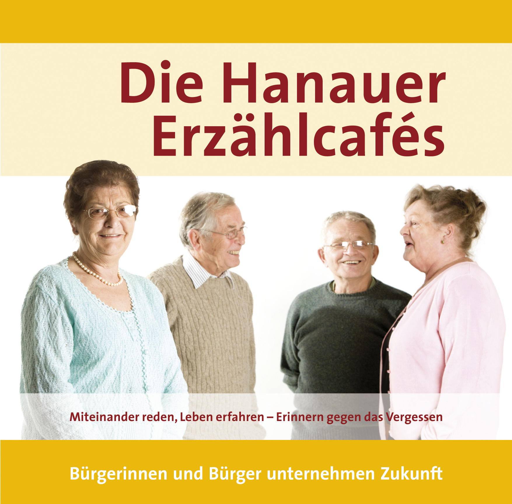 Hanauer Erzähl-Cafés - zeigt 4 Bürgerinnen und Bürger, die miteinander reden.