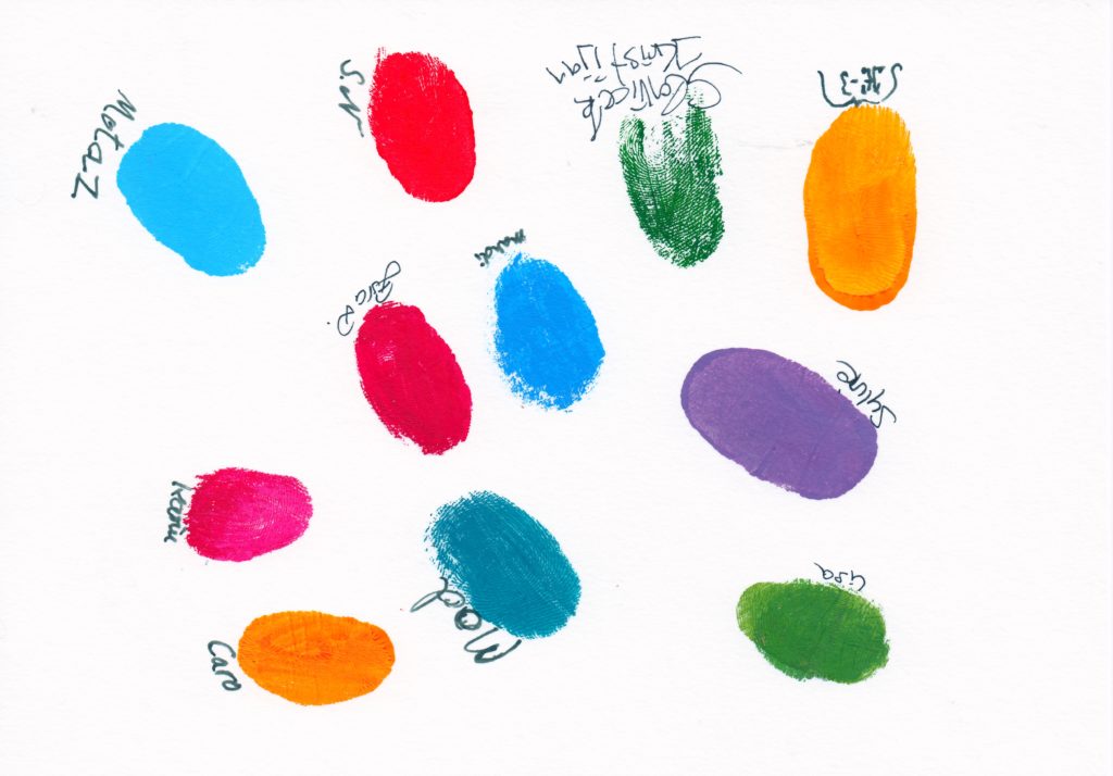 Ein Fingerabdruck der Teilnehmer in jeweils einer anderen Farbe auf einer Karte