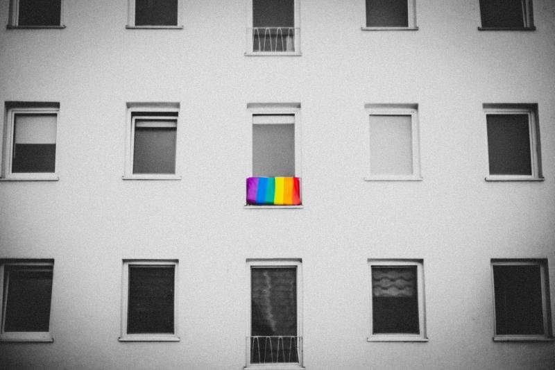 Eine Fensterfront ist in Schwarz-Weiß abgebildet. Aus dem mittleren Fenster hängt eine Regenbogenflagge. Sie ist als einzige in Farbe zu sehen.