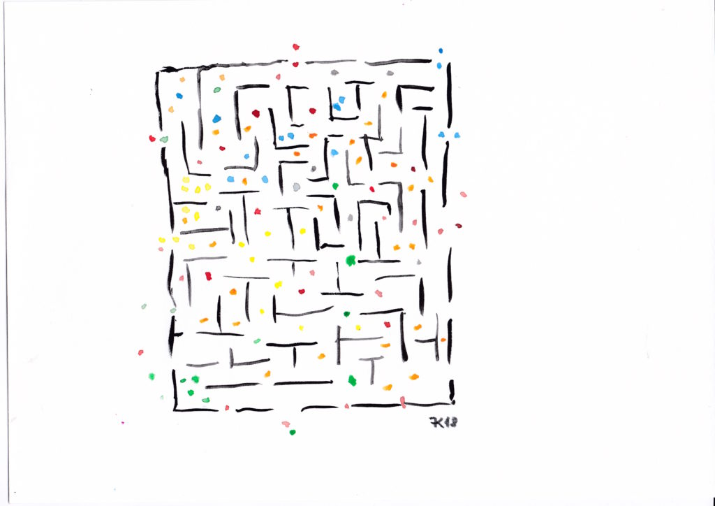 Ein Labyrinth in schwarzweiss, darin viele bunte Punkte.