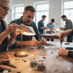 Viele Menschen, die zusammen sitzen und an einem Tisch Sachen zusammenschrauben.