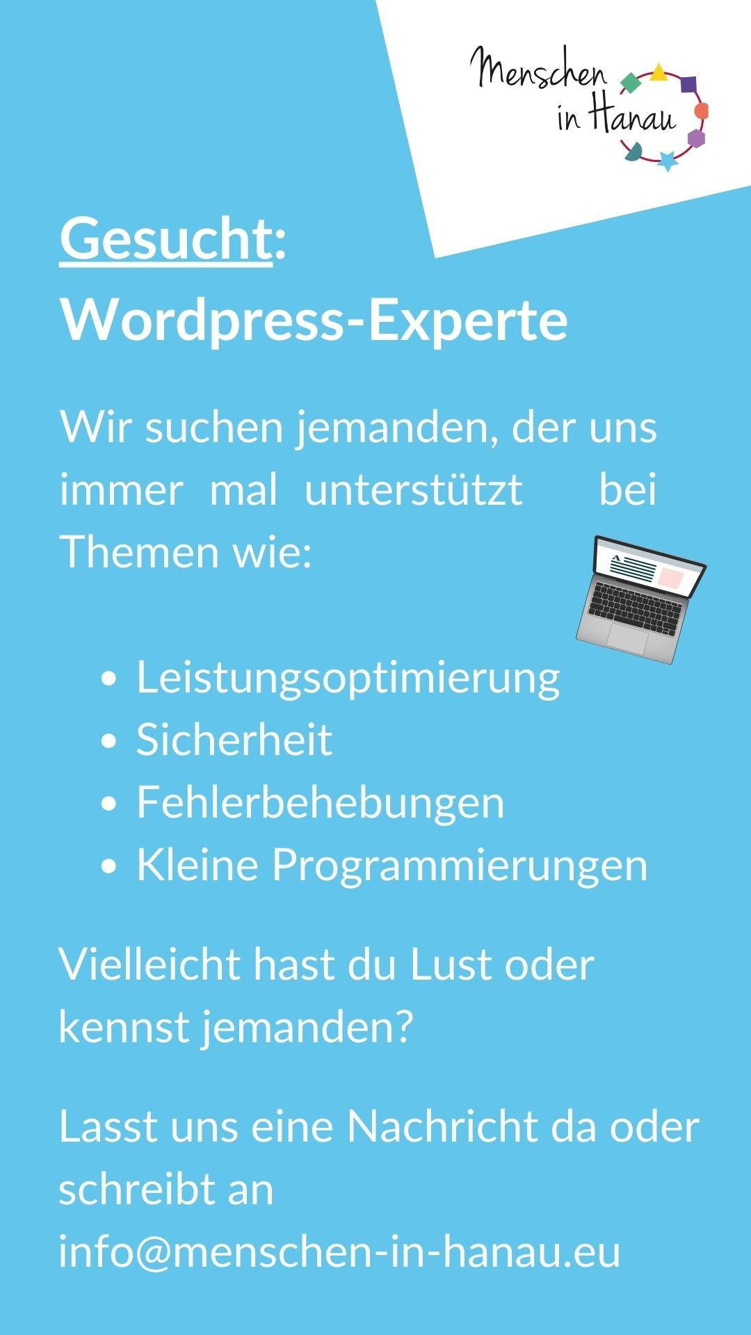 Flyer zum Gesuch nach einem Wordpress Experten. Schrift ist auf hellblauem Hintergrund. Ein Graphik-Laptop ist abgebildet.