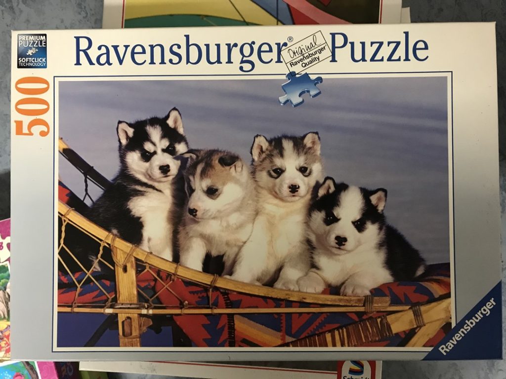 Auf dem Bild ist eine Puzzleschachtel zu sehen; das Motiv des Puzzels sind vier junge Hunde in einem Körbchen. Hunde - 500 Teile
