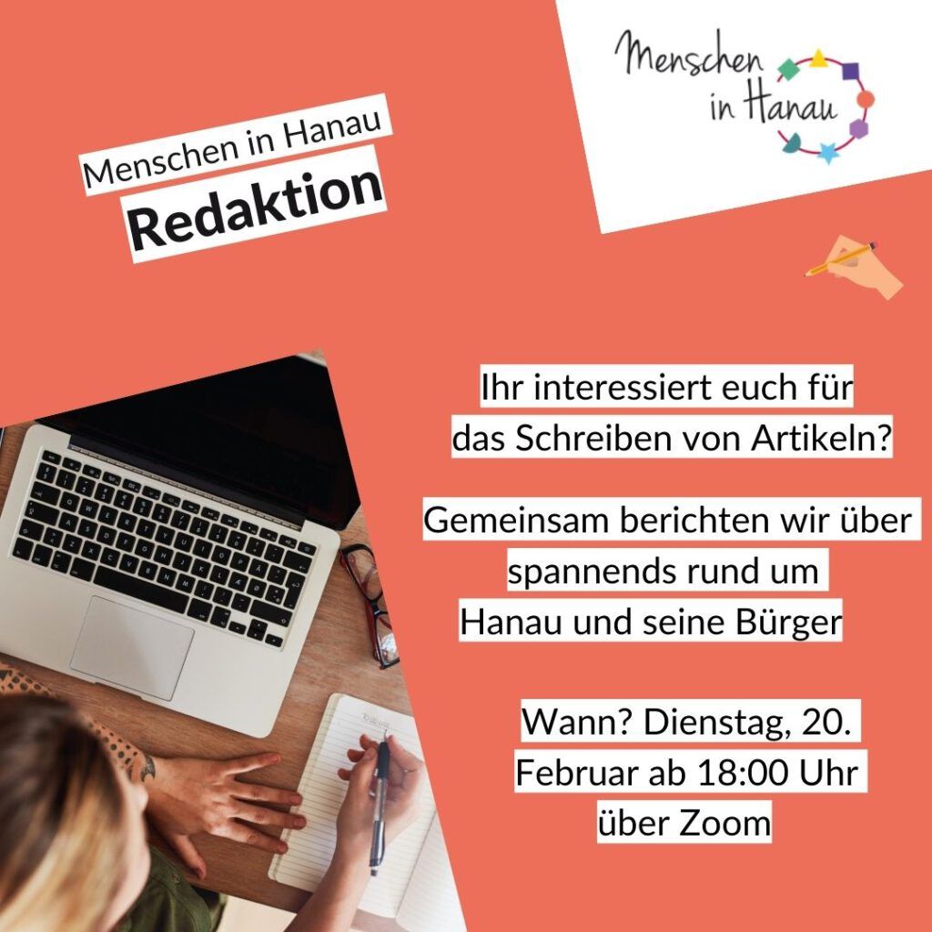 Auf orangenem HIntergrund schwarze Schrift auf der für die Redaktionssitzung geworben wird. Abgebildet ist ein Computer und eine Frau aus der Vogelperspektive, die in ein Notizbuch schreibt