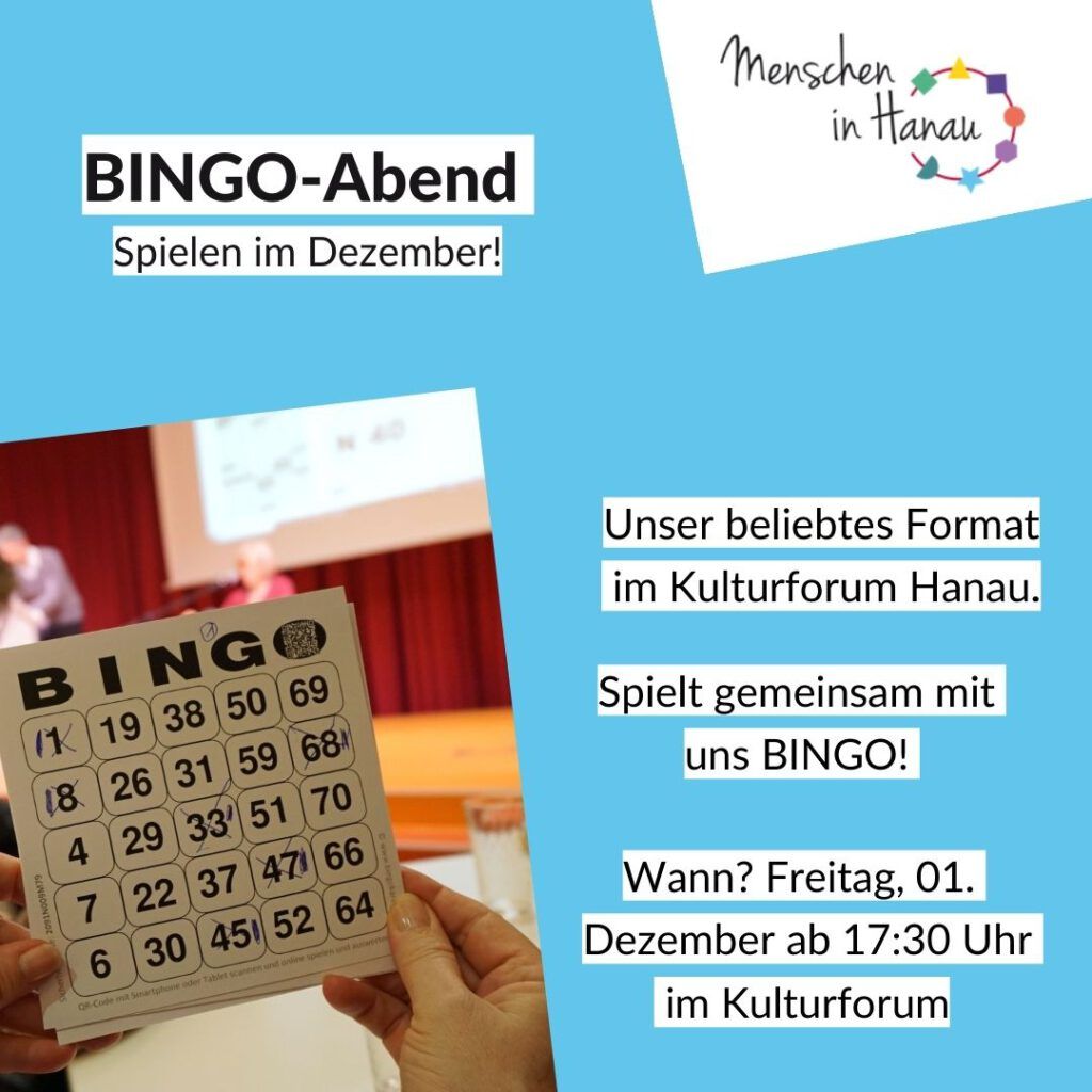Flyer für den Bingo Spiele Abend im Dezember. Blauer Hintergrund mit Bild einer Bingokarte.