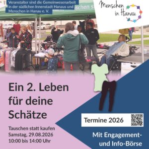 Blau-lilanes Plakat mit mehren Menschen, die fleißig an einem Stand tauschen und in großes Aufschrift Werbung für den tauschmarkt am 29.08