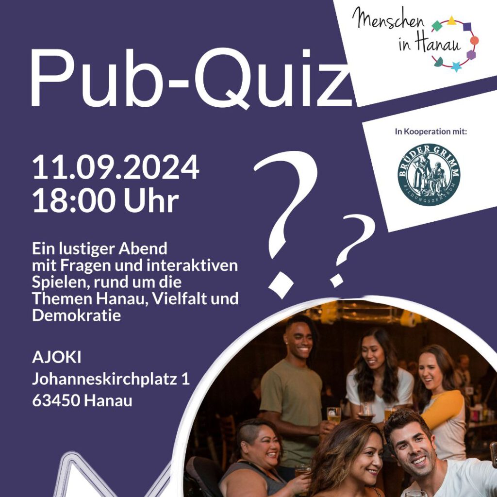 Auf lilanem Hintergrund wird für das Pub-Quiz am 11.09 um 18 Uhr geworben. Auf einem Bild ist zu sehen: eine diverse Gruppe ist ein einem Pub und prostet sich zu. Sie sind in einem weißen runden Rahmen angeordnet. Auf einem lila Hintergrund ist ein weißes Fragezeichen.