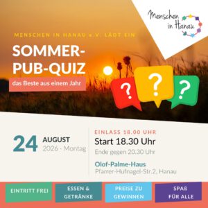 Untergehende Sonne im Hintergrund und vorne Werbung für das Pub-Quiz am 24.08