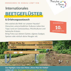 Eine Kachel mit einer Bank und dem Flyer zur Beetgeflüster-Veranstaltung