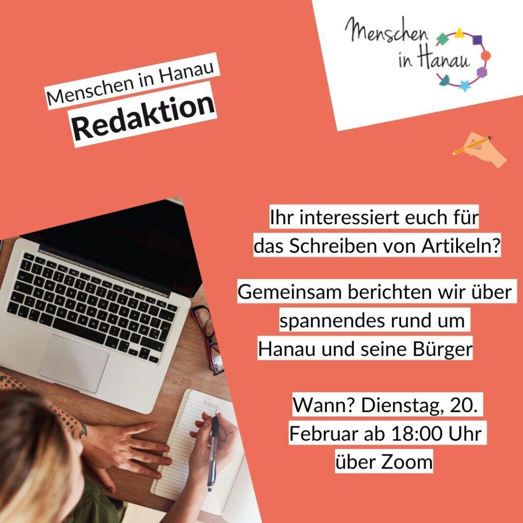 Auf orangenem HIntergrund schwarze Schrift auf der für die Redaktionssitzung geworben wird. Abgebildet ist ein Computer und eine Frau aus der Vogelperspektive, die in ein Notizbuch schreibt