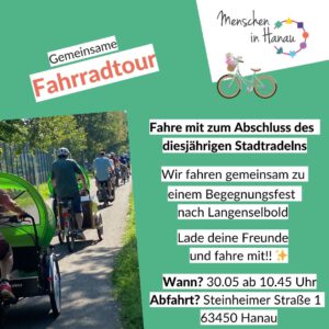 Grüne Kachel, die zur Fahrradtour nach Langeslbold am 20.05 einlädt. Zu sehen sind mehrere Fahrräder von hinten.