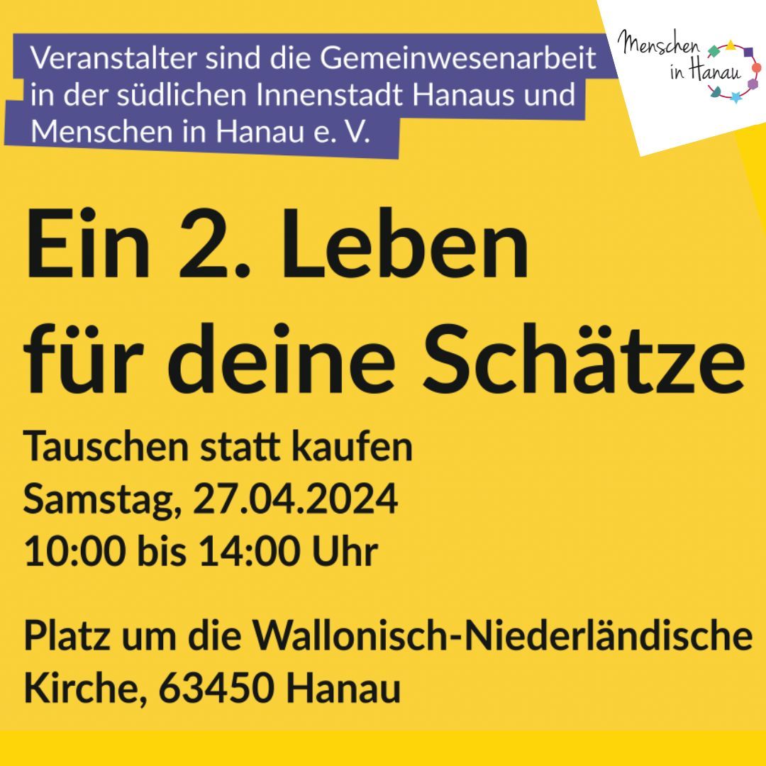 Auf gelben Hintergrund wird in schwarzer Schrift für unseren Tauschmarkt am 27.04 von 10:00 - 14:00 geworben.