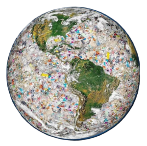 Ein Planet mit Müll in den Meeren.