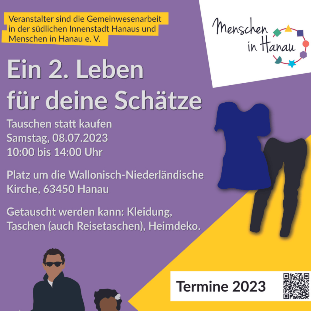 Plakat für den Tauschmarkt. Auf lilanem Hintergrund ist das Logo von Menschen in Hanau und eine Graphik von einer Hose und einer Bluse zu sehen. Beworben wird der Tauschmarkt.