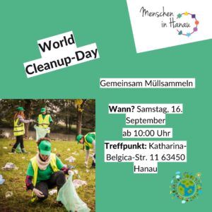 Grüner Flyer auf dem für den World-Clean-Up-Day geworben wird. Junge Menschen mit Westen die Müll einsammeln sind abgebildet.