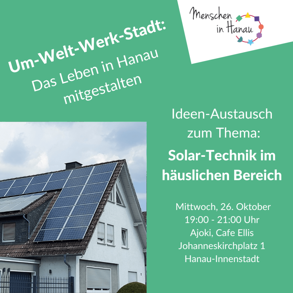 Grüner Flyer zur Um-Welt-Werk-Stadt mit dem Thema Solar Energie. Es sind Solar-Zellen auf einem bewachsenen Hügel zusehen.