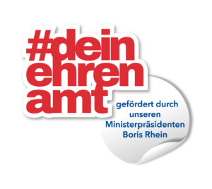 Rotes Logo mit Aufschrift: deinehrenamt - gefördert duch den Ministerpräsidenten Boris Rhein.