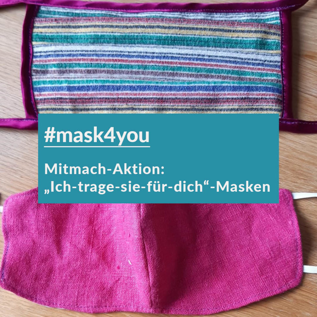 Unsere neue Mitmach-Aktion: "Ich-trage-sie-für-dich"-Masken. Auf dem Bild ist eine selbst genähte Community-Maske in pink zu sehen.