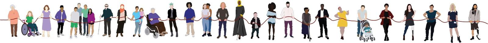 Unsere Menschenkette enthält mehr als zwanzig illustrierte, diverse Figuren.