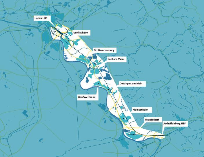 Eine in blau und weißen Farben gestaltete Karte zeigt den Korridor des geplanten Radschnellweges und die zwischen Hanau und Aschaffenburg liegenden Gemeinden bzw. Städte.