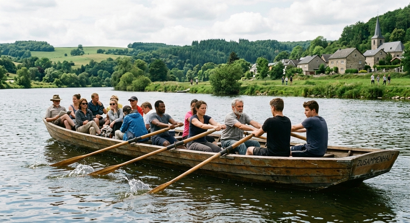 Ruderboot mit vielen Menschen, von denen aber nur weniger als die Hälfte rudern.