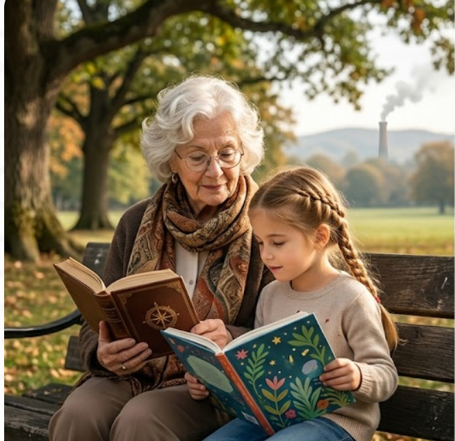 Oma und Enkelin beim Lesen aufder Parkbank