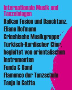 In einer blau-pinken Grafik sind verschiedene Künslterinnen aufgeführt, die das Kulturprogramm am Weltfrauentag begleiten.