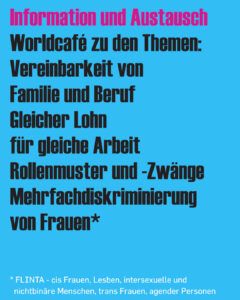 In einer blau-pinken Grafik sind aktuelle Frauenthemen aufgelistet, die in einem Worldcafé im Kulturprogramm zum Weltfrauentag besprochen werden können. 