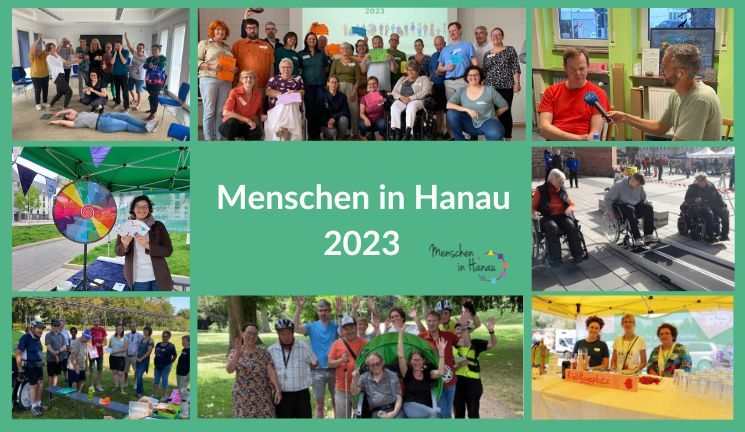 Eine Foto-Collage auf grünem Hintergrund mit der Aufschrift "Menschen in Hanau 2023"