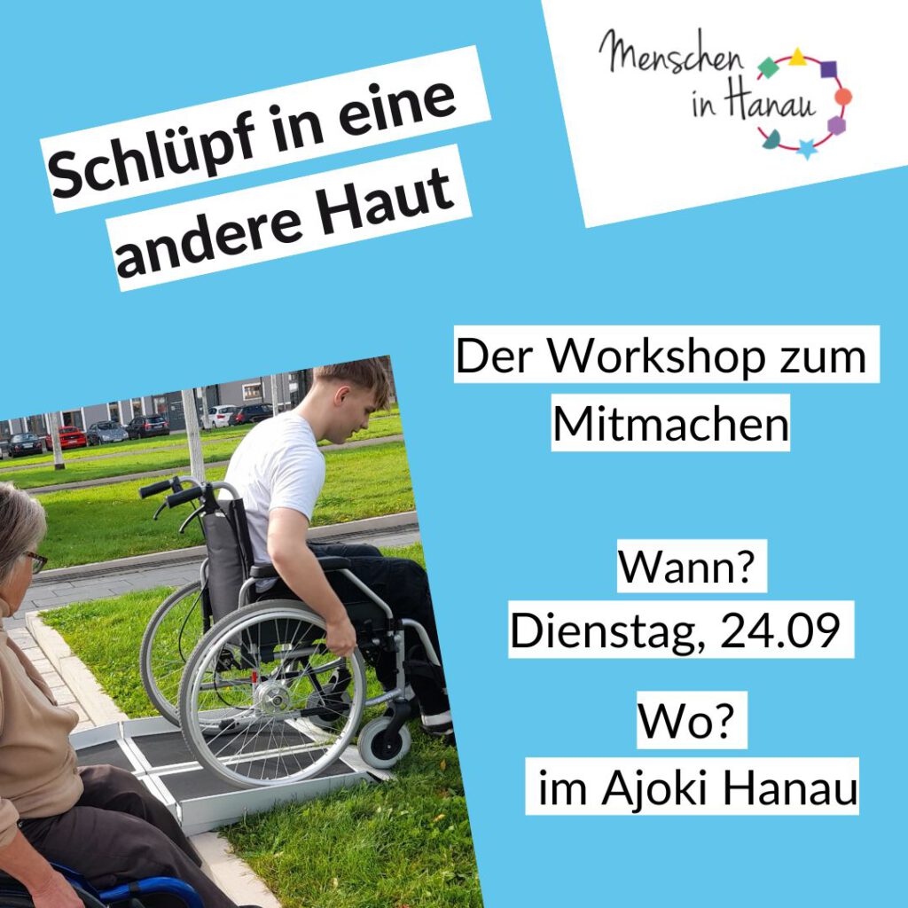 Auf hellblauem Hintergrund wird für den Workshop "Schlüpf in eine andere Haut" am 24.09 geworben.