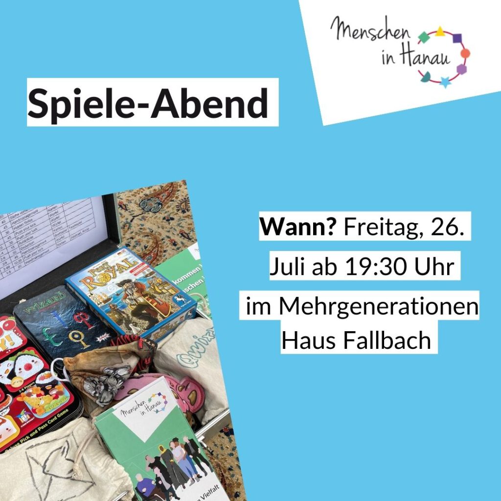 Auf blauem Hintergrund wirbt ein Flyer für den Spiele-Abend. In der unteren Linken Ecke sind verschiedene Brettspiele und der Menschen in Hanau Flyer abgebildet.