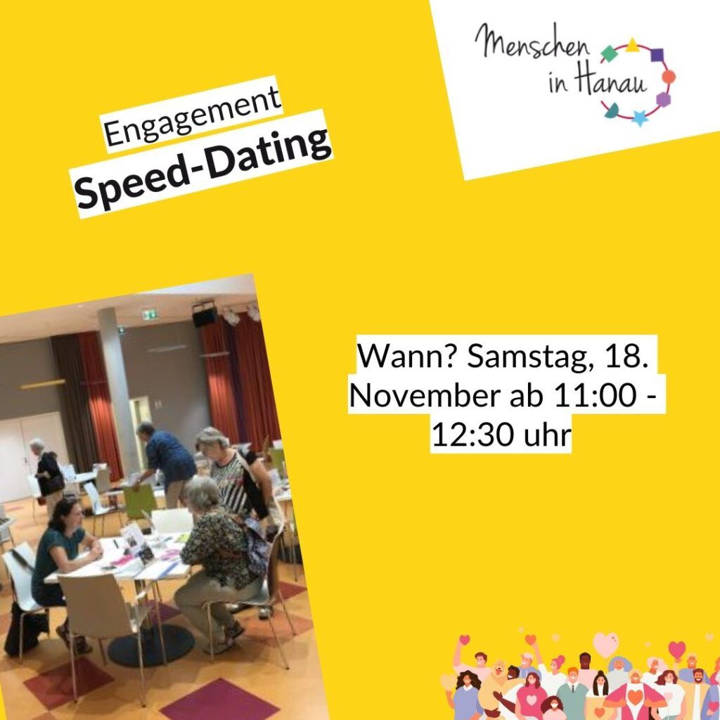 Flyer zum Engagement-Speeddating. Abgebildet auf gelben Hintergrund ist ein Tisch um den mehrere Menschen sitzen. Außerdem eine Graphik mit vielen Animierten Menschen die Herzen hochhalten.