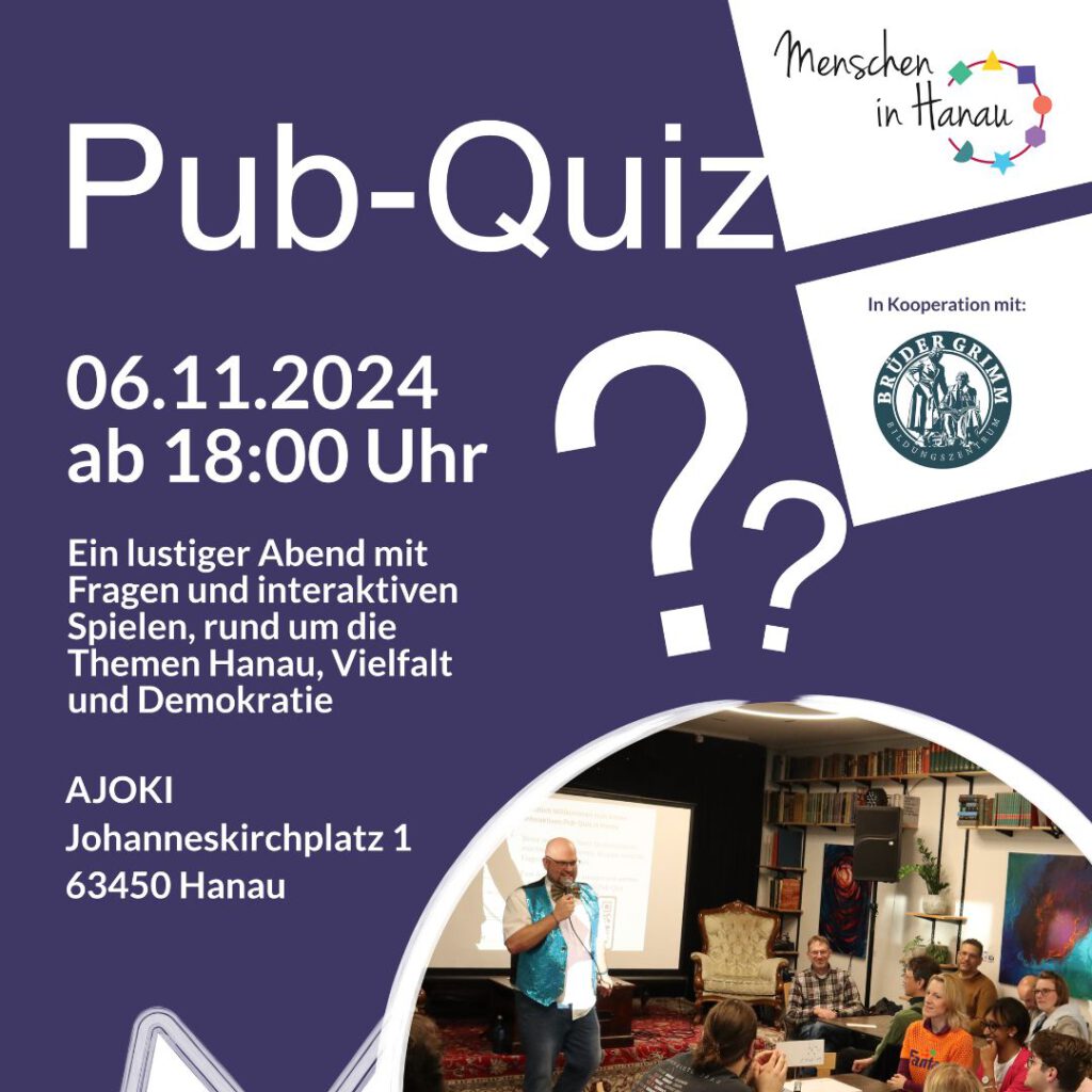 Auf einem lilanem Hintergrund wird für das Pub-Quiz am 06.11 November geworben. Es ist ein einer Sprechblase ein Mensch am Mikrofon zu sehen.