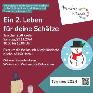 Auf rotem Hintergrund wird zum zweiten Tauschmarkt eingeladen. Es ist ein Schneemann zu sehen.