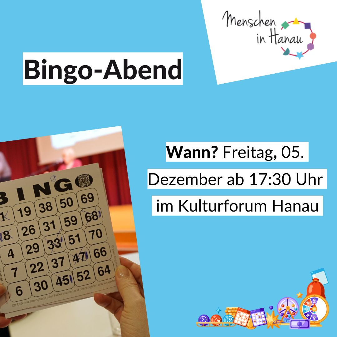 Auf blauem Hintergrund Werbung für de Bingo-Abend am 05.12. Ein Bingo-Zettel ist abgebildet.