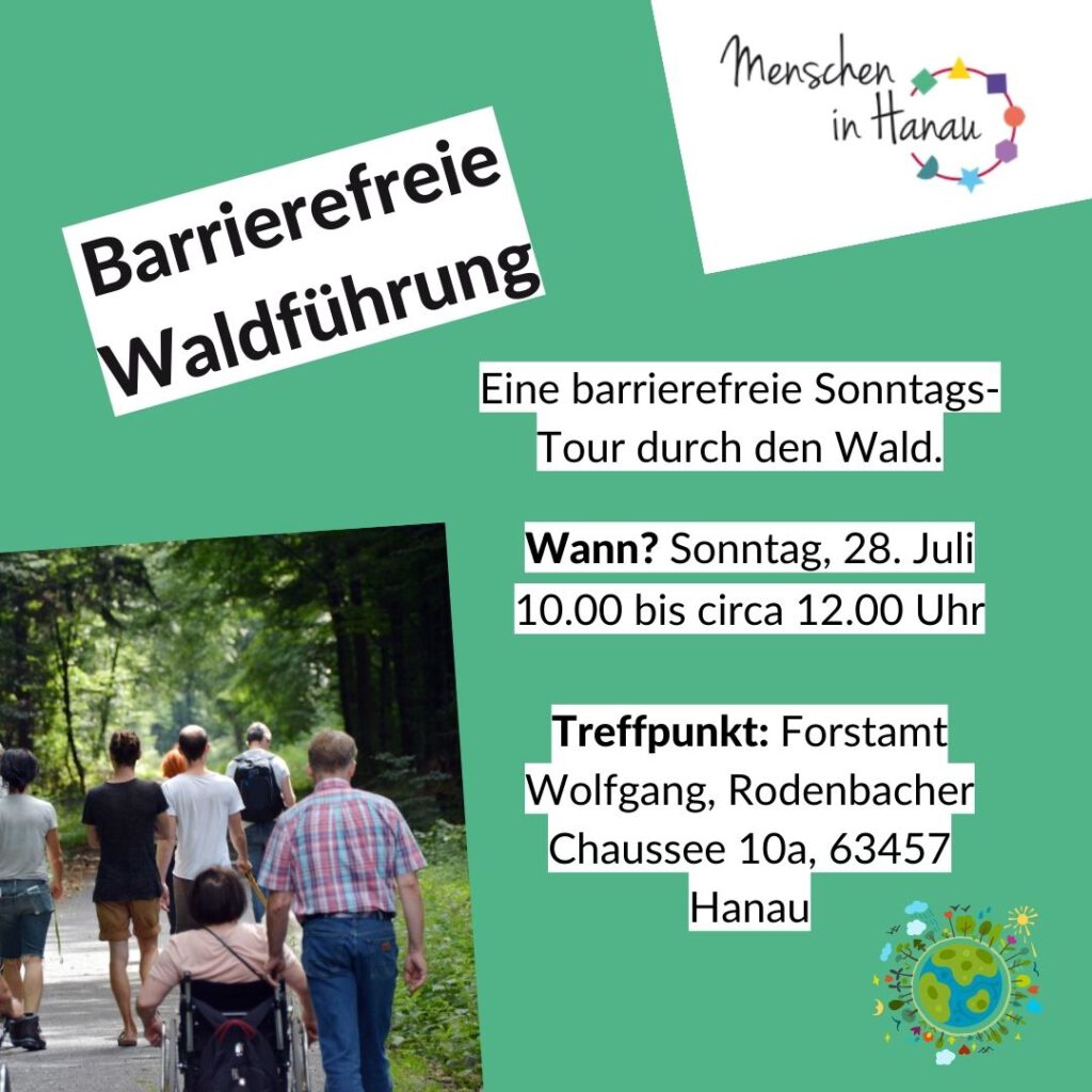 Auf grünem Hintergrund ein Flyer der für die barrierefreie Waldführung wirbt. In der unteren linken Ecke ist ein Bild von spazierenden Menschen im Wald zu sehen.