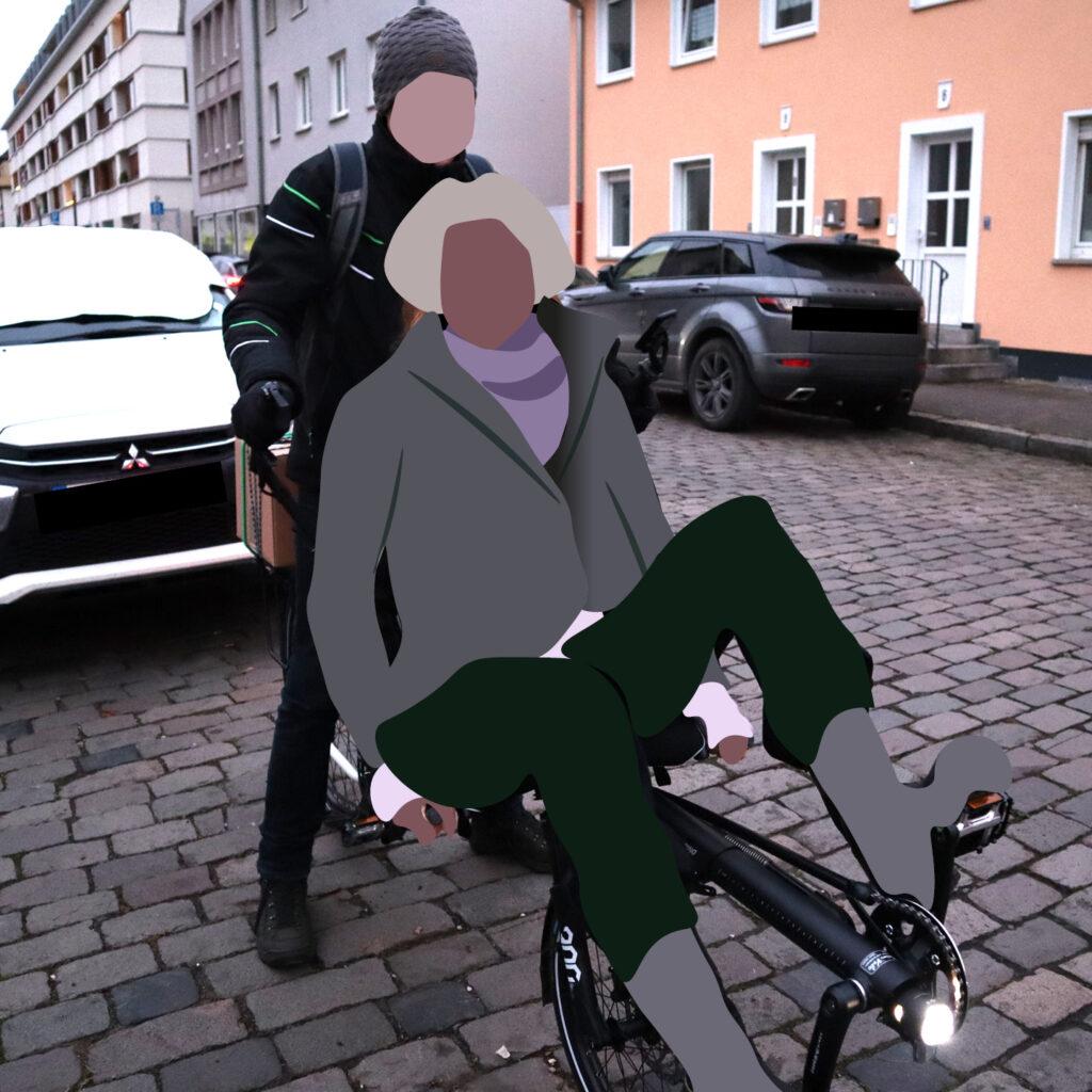 Illustriert ist auf diesem Bild dargestellt, wie eine Dame vorne auf dem Tandem sitzt und von einem Mann gefahren wird.