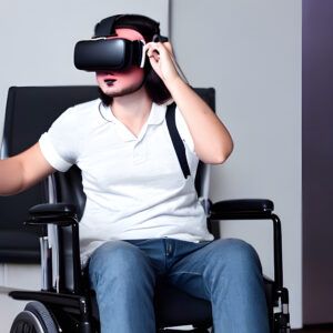 Mann im Rollstuhl mit weißem Hemd und Jeans der eine Virtuell-Reality-Brille trägt und sich umschaut.